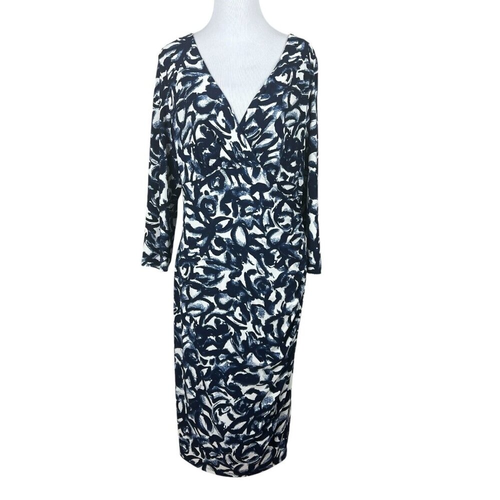 Lauren Ralph Lauren Dress Womens 16 Blue Sheath Draped Ruched 3/4 Sleeve V-Neck